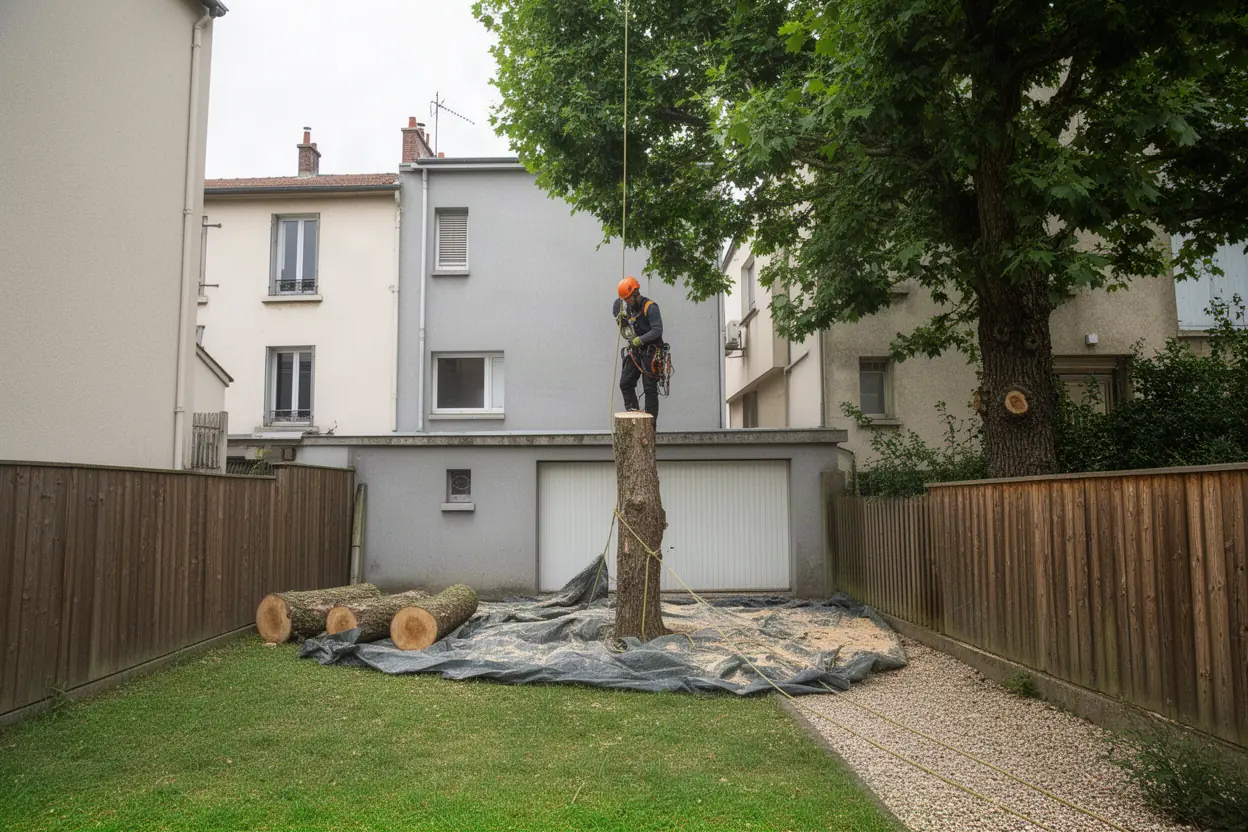 Élagueur démontant un arbre dangereux dans une cour lyonnaise