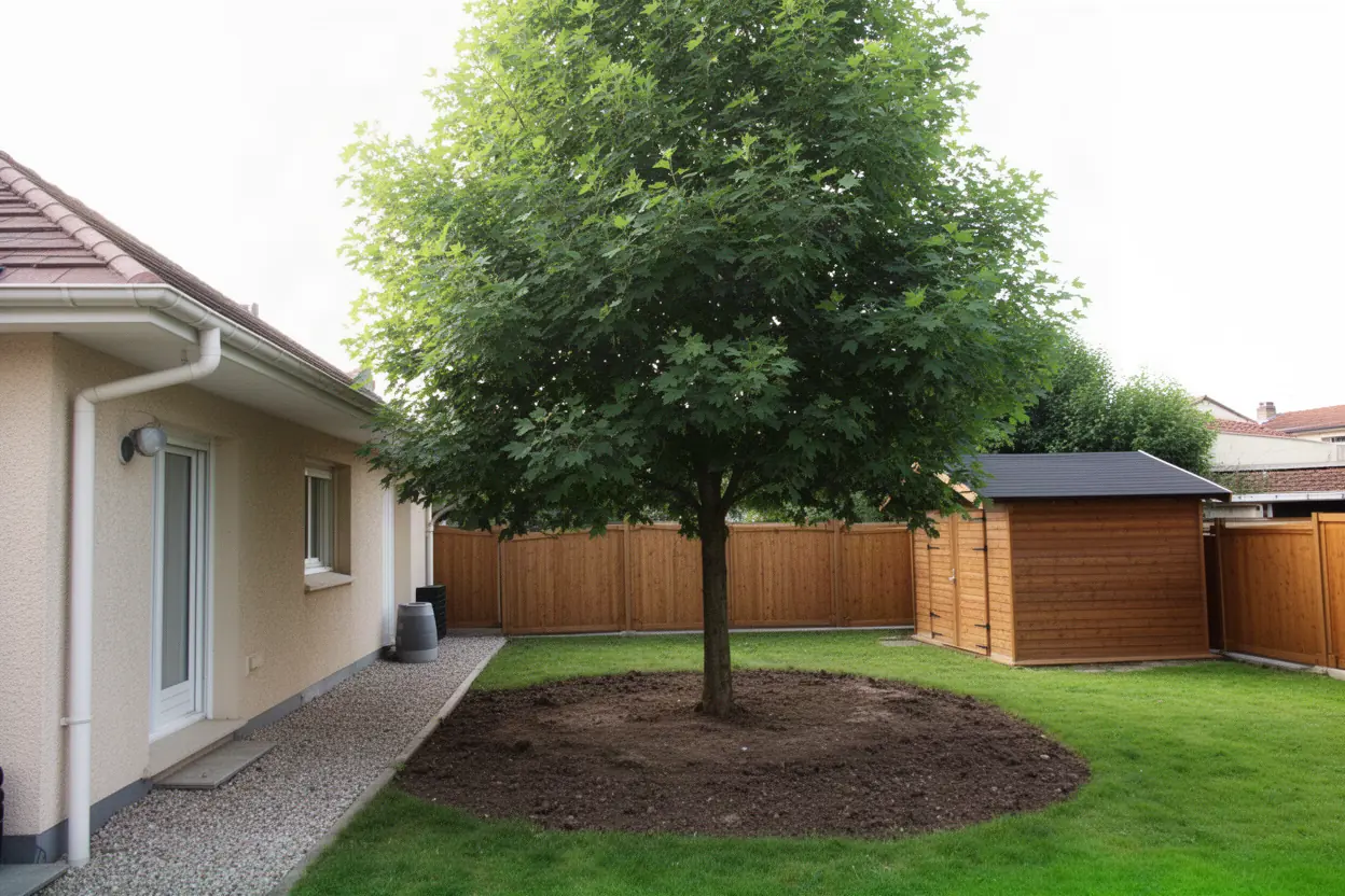 Arbre incliné avant abattage contrôlé dans un jardin à Bron