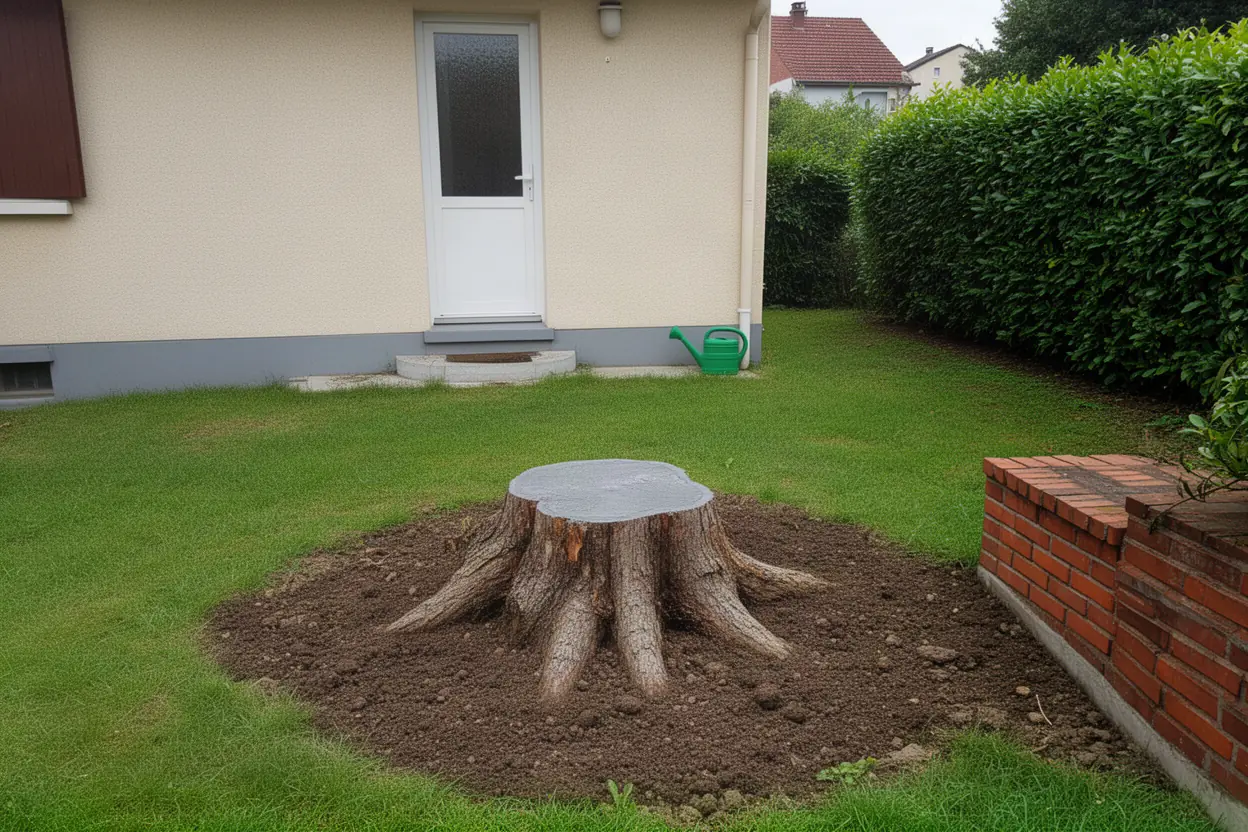 Souche de conifère avant rognage dans un jardin à Bron