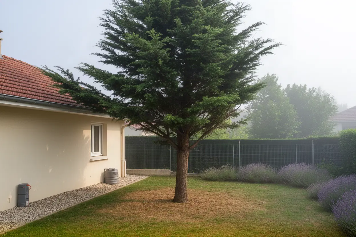 Cèdre touchant une toiture avant taille à Saint-Priest
