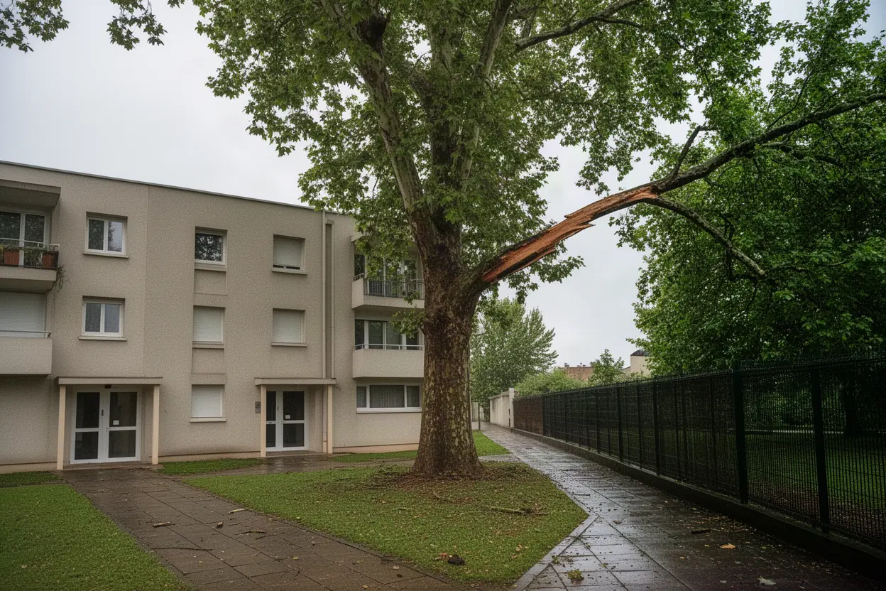 Branche fendue suspendue après orage à Vaulx-en-Velin