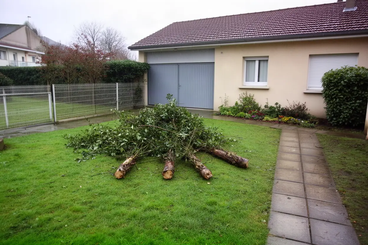 Branches entassées dans un jardin de Décines-Charpieu avant ramassage