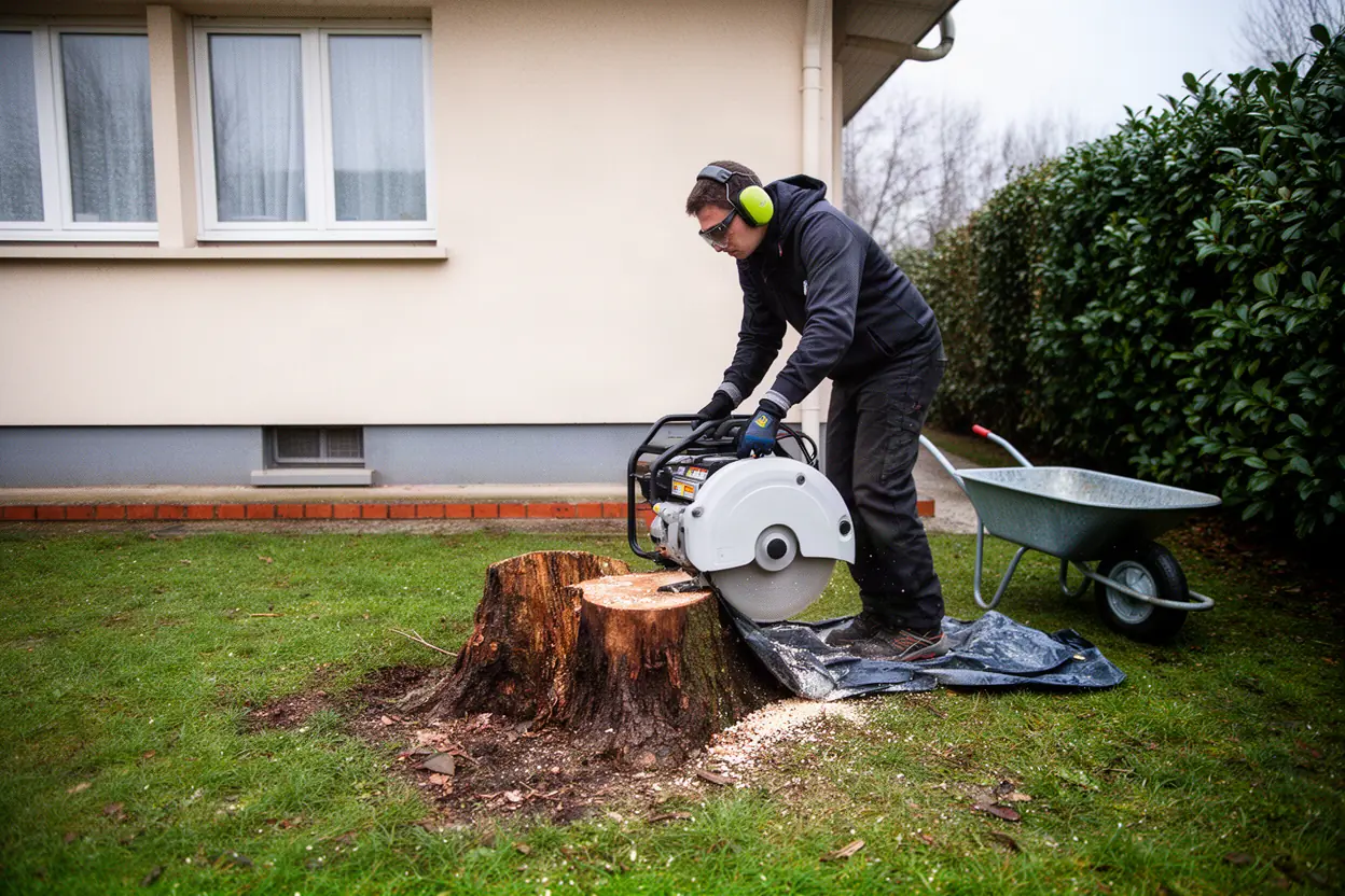 Rogneuse supprimant une souche dans un jardin à Lyon