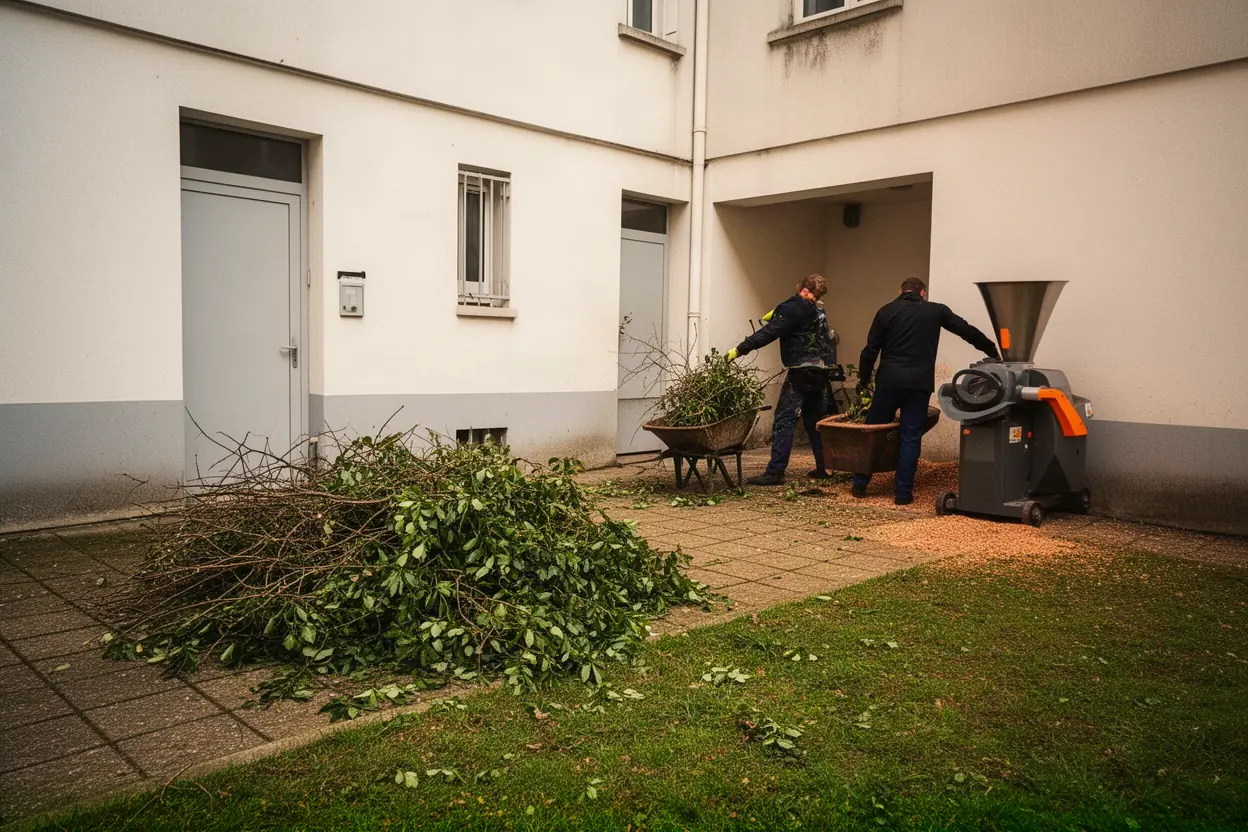 Équipe broyant des branches après un chantier à Bron