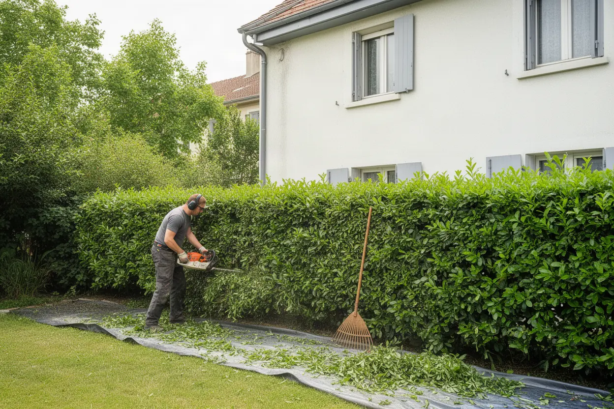 Taille soignée d'une haie devant une maison à Bron